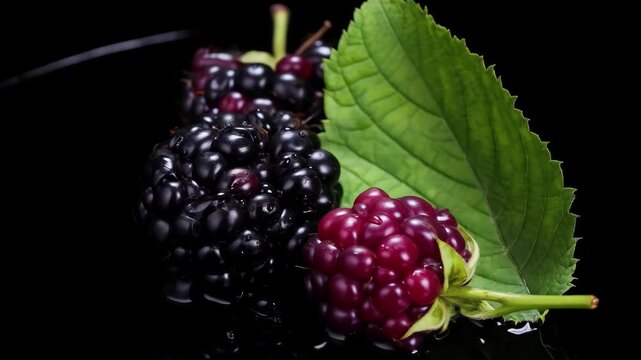 A cluster of ripe blackberries and boysenberries is arranged beautifully on a glossy black surface complemented by bright green leaves nearby