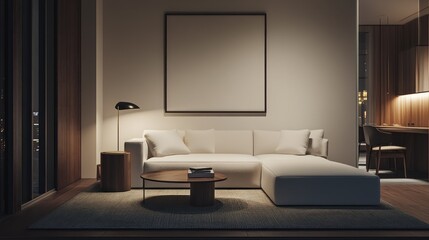 Modern living room at night with neutral tones.