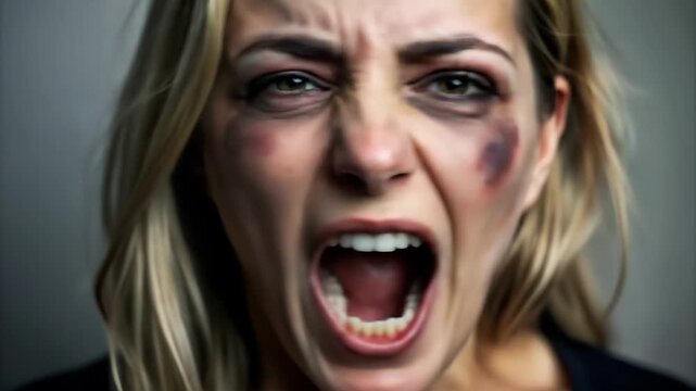 A bruised woman with striking blue eyes screams in pain and defiance, her voice rising against violence as she stares into the camera with raw strength and resilience