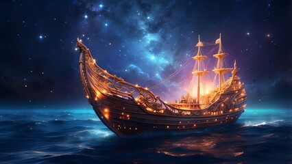 A glowing magical ship galloping across a shimmering sea of stars, fantasy and mythology desktop wallpaper backdrop, cinematic HDR vibrant theme colors, promo movie sales poster banner book cover