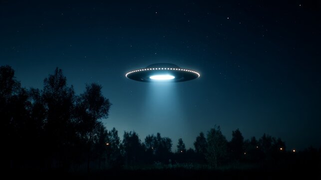 Mystical ufo hovering in starry night sky above forest trees - Powered by Adobe