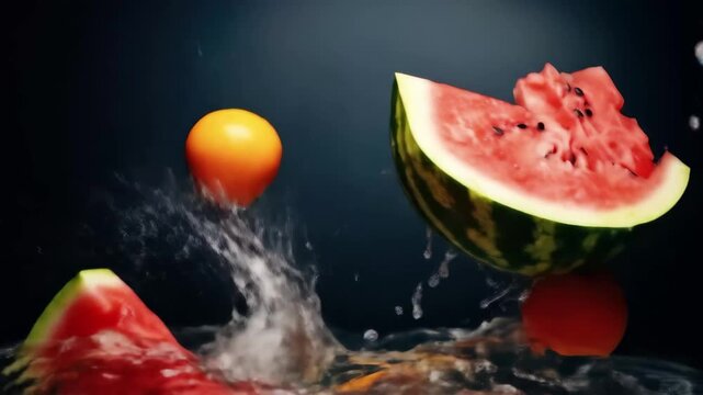 Juicy watermelon slices and bright oranges are enthusiastically splashing in clear water creating an energizing scene filled with freshness and color