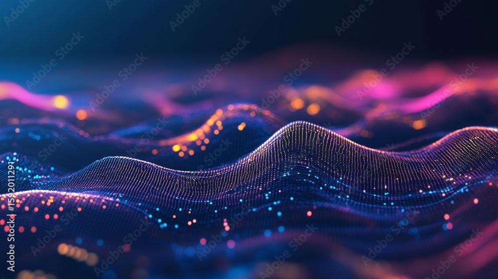 Poster abstract data wave flowing with light points and deep blue background