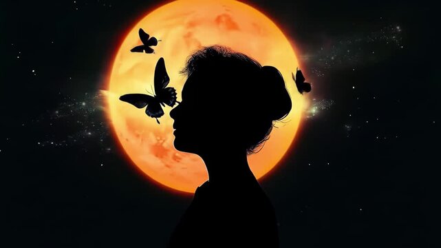 A girl silhouette stands gracefully against a vibrant full moon as butterflies flutter around her creating a magical nighttime ambiance