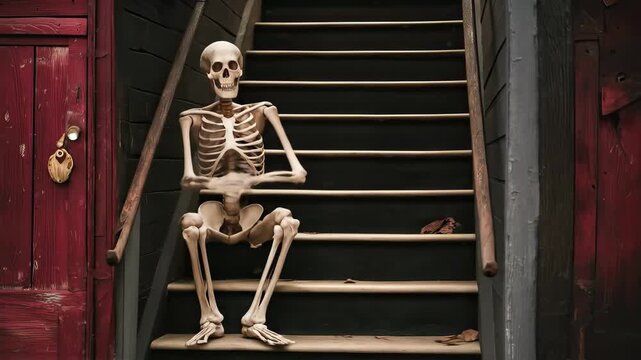 A skeletal figure sits contemplatively on the stairs of a weathered house surrounded by an air of stillness and mystery invoking curiosity and intrigue