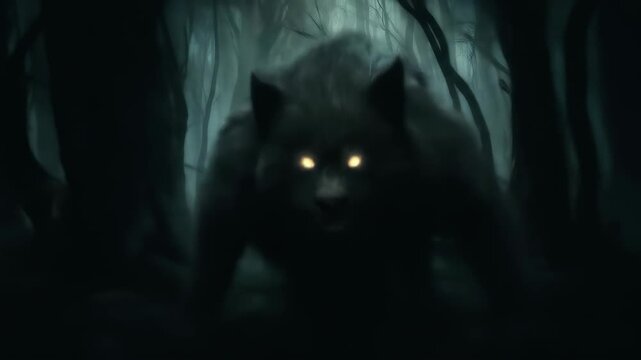A shadowy figure with glowing eyes, possibly a werewolf, emerges from the mist in a dark and mysterious forest