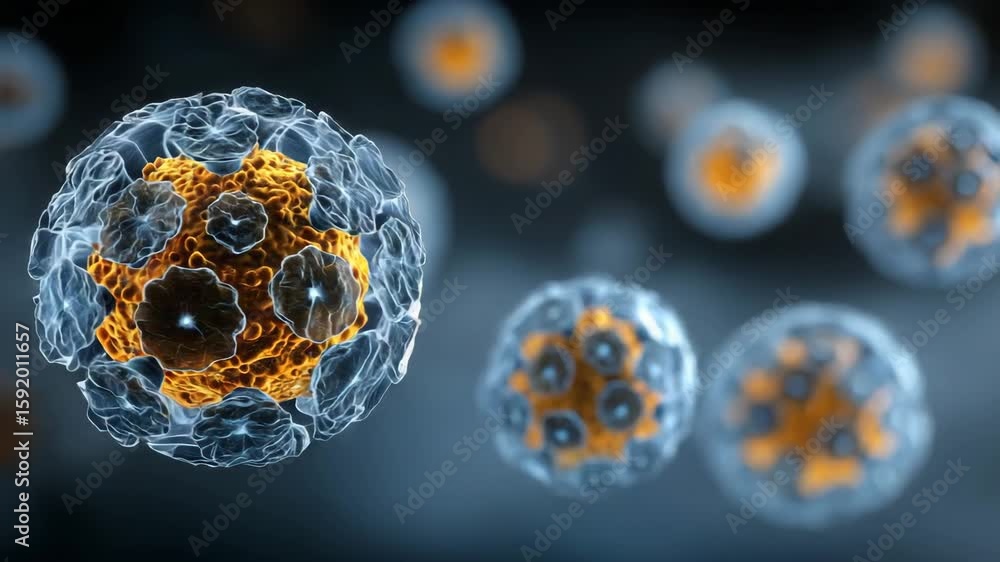 Poster a digitally rendered close-up view of cells or viruses, highlighting their complex surface structure
