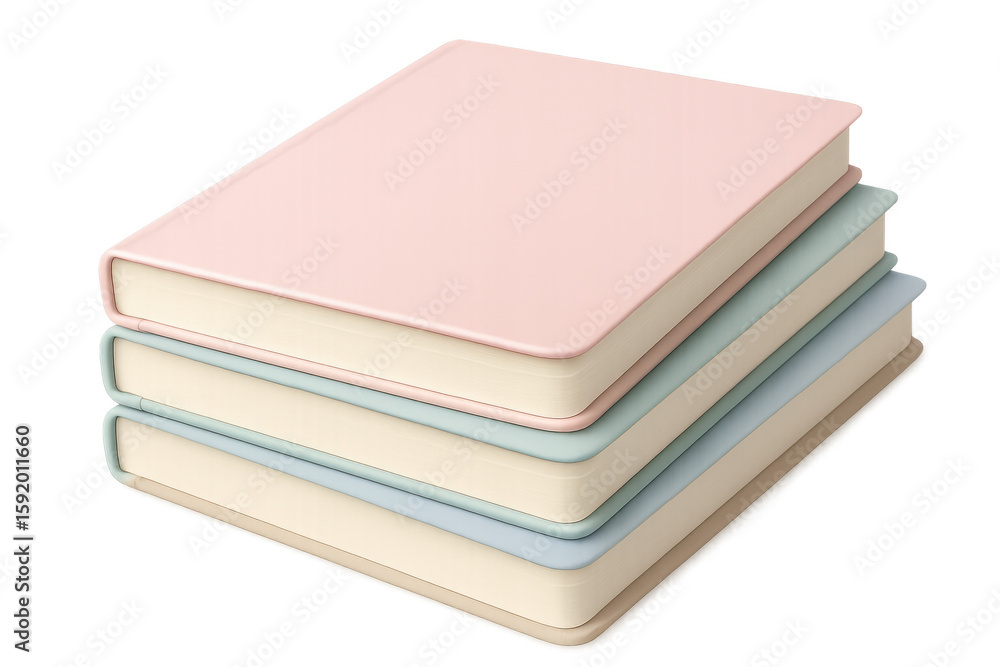 Poster pastel notebooks stacked neatly, presenting soft-hued colors aligned precisely on clean transparent 