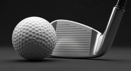 White golf ball and metal golf club iron on dark background sports equipment athletic