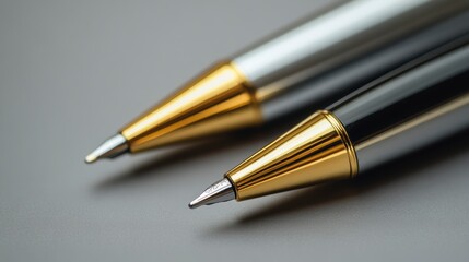 Close-up of two elegant pens with gold accents on a gray surface.