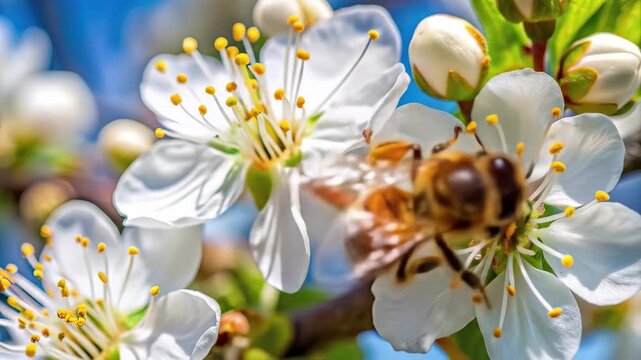 A bee diligently gathers nectar from the delicate white blossoms of a fruit tree surrounded by lush greenery and bathed in warm daylight