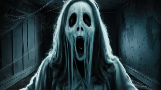 An ethereal figure of a ghostly woman stands in a dark room her haunting expression illuminated by faint light invoking feelings of dread and mystery