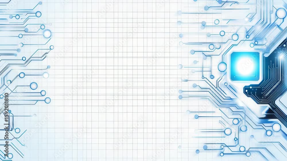 Poster a stylized digital circuit design with a microchip on a white grid background, symbolizing technolog