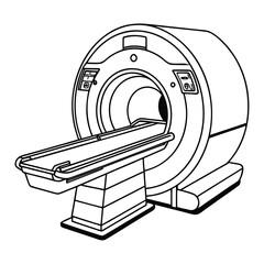 Detailed Black and White Line Drawing of an MRI Machine with Examination Table