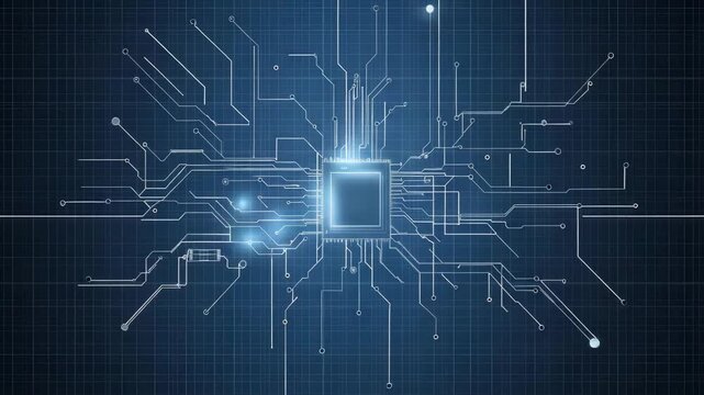 A glowing computer microchip is centered on a digital grid background, with circuit lines radiating outward in a technological pattern.