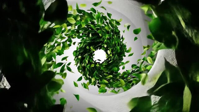 Green leaves drift effortlessly in a surreal swirl creating a dynamic and vibrant display of natures beauty against a striking backdrop