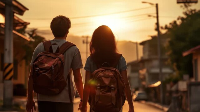 Two young students walk hand in hand towards college against the backdrop of a stunning sunset on a quiet street in their neighborhood