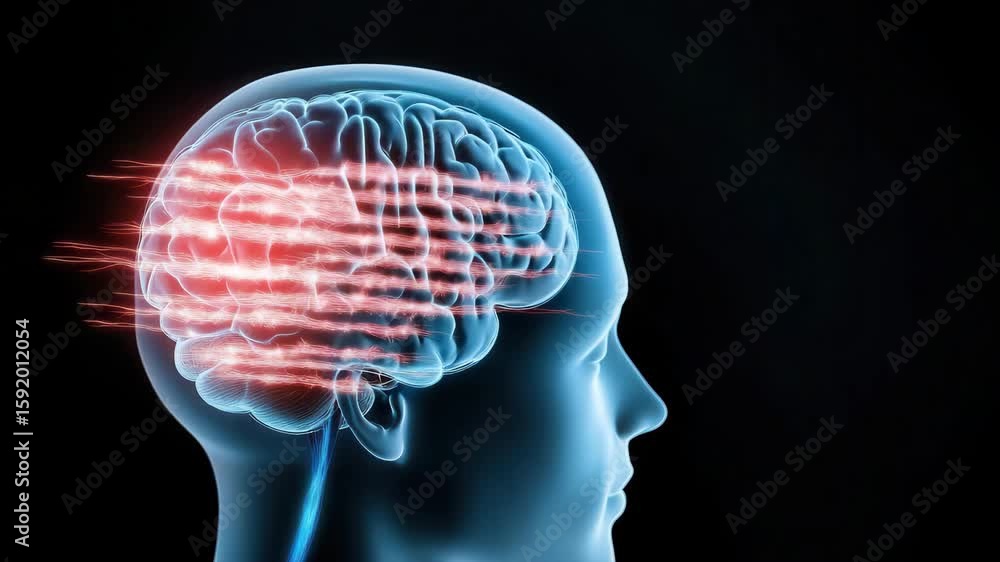 Poster a digital illustration of a human head side profile with an illuminated brain and fast-moving neural