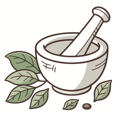 Mortar and Pestle with Fresh Green Herbs and a Single Brown Seed