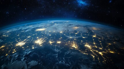 Fototapeta premium Earth at Night From Space Showing City Lights and Starry Sky
