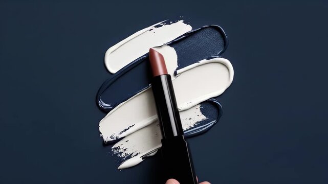 A combination of blue paint strokes and a lipstick shade is showcased against a dark backdrop illustrating a blend of beauty and artistic expression