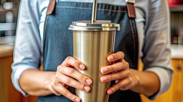 A woman in a cafe setting holds a stainless steel cup with a reusable metal straw