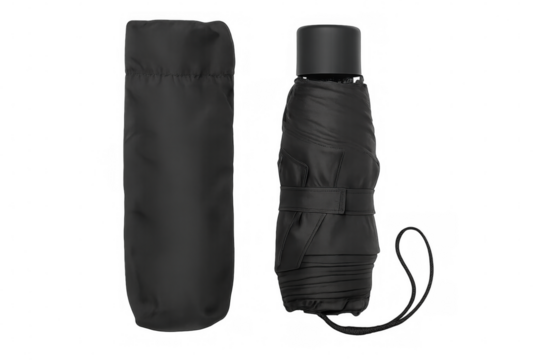 Compact folding umbrella resting in protective case, waiting against unexpected precipitation
