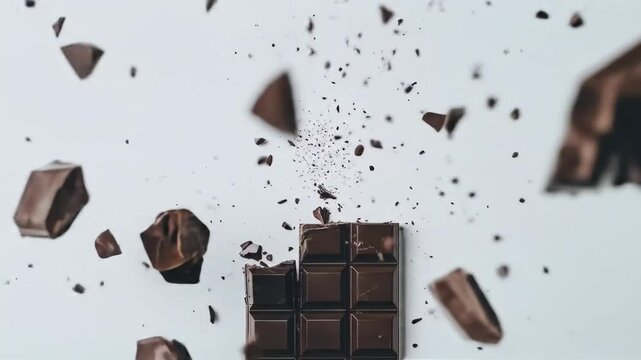 Delicious chocolate bar erupts with broken chunks flying around highlighting the delightful textures of rich dark chocolate in a vibrant display