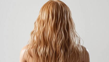 Naklejka premium Middle-Aged Woman'S Wet Blonde Hair From A Realistic Back View In Bathroom Setting: Haircare, Natural Look, Personal Hygiene, Daily Routine.