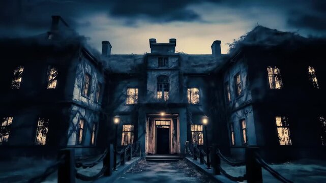 A decaying asylum building stands alone in the darkness, its windows glowing with an eerie yellow light. Vines crawl up the walls, adding to the building's sense of neglect and decay