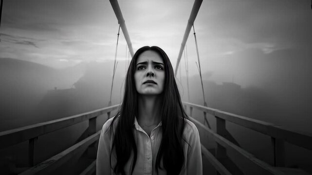 A slow pan captures La Llorona a sorrowful figure standing at the bridges edge enveloped in fog evoking a haunting and mystical mood at twilight