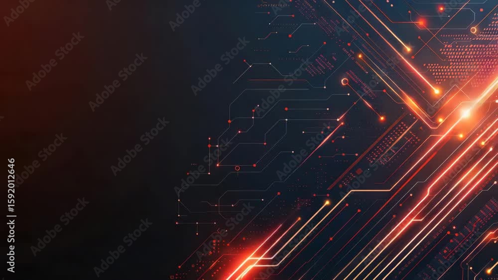 Poster a glowing digital circuit pattern with neon orange and red lines on a dark background, resembling ad