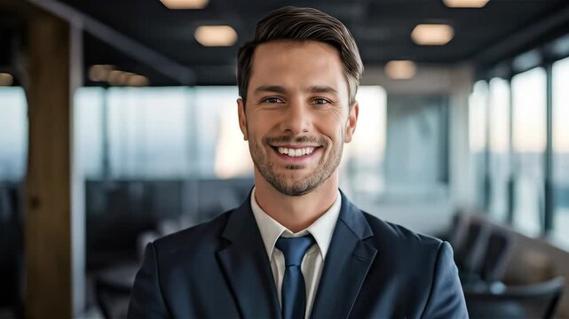 A young businessman is smiling confidently at the camera inside a contemporary office showcasing his professional attire and positive demeanor