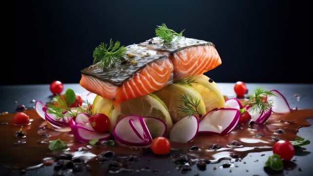 A flavorful dish of spicy fish is beautifully arranged with fresh herbs lemon slices and colorful vegetables making it an inviting feast