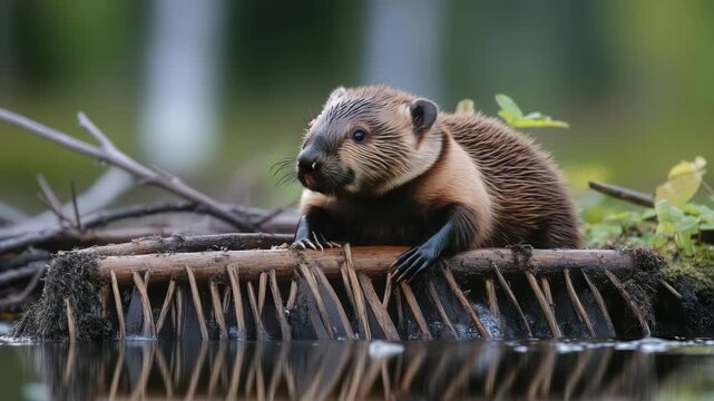 A young beaver perched on a dam made of sticks, with calm water and a blurred green background.