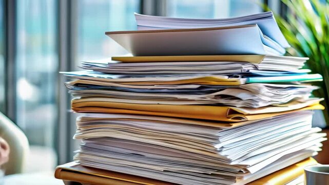 A large stack of paperwork rests on a desk in front of a window, with a cup of coffee and a potted plant nearby