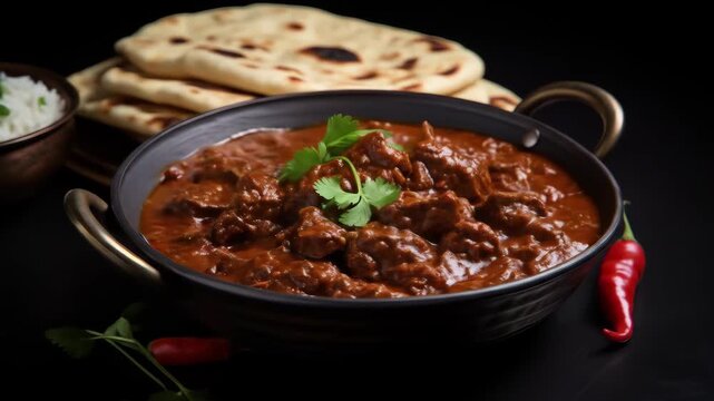 A vibrant dish of spicy rice and curry is beautifully presented alongside warm naan and garnished with fresh herbs creating an enticing meal