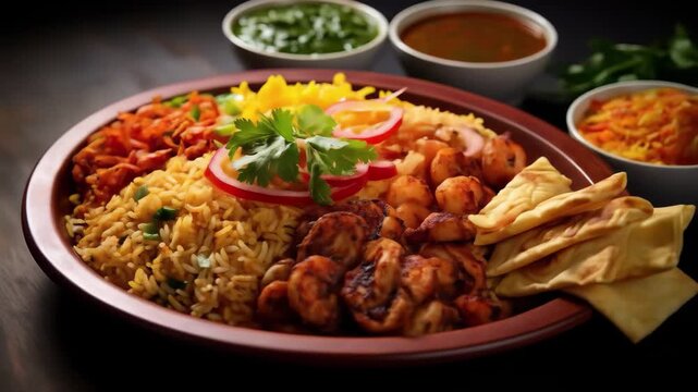 A vibrant platter of spicy rice arranged with vegetables grilled meat and flavorful accompaniments served in a cozy dining environment