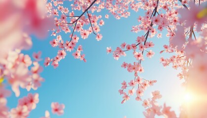 Fototapeta premium Sunlight Filtering Through Delicate Pink Cherry Blossoms: A View From Below, Symbolizing Spring And Summer Renewal Against Blue Sky
