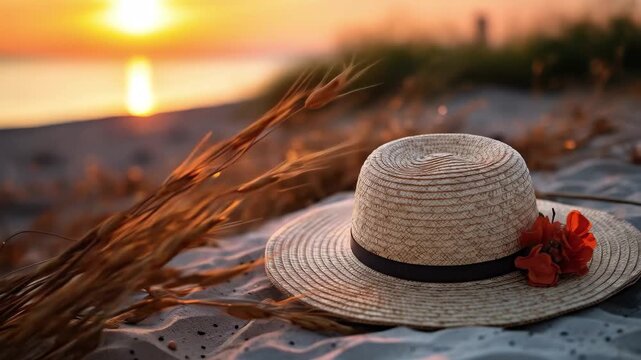 A stylish straw hat lies on the sandy beach adorned with flowers while the warm glow of the sunset bathes the scene in golden light