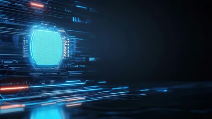A glowing, futuristic digital interface with blue neon lights and data elements on a dark background. - Powered by Adobe
