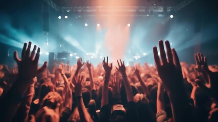 A large crowd gathers together hands raised high in excitement fully immersed in a live concert experience under stunning stage lights