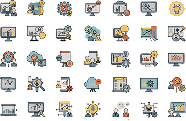 Data analysis and reporting icons for business intelligence and financial analytics and statistics tools.
