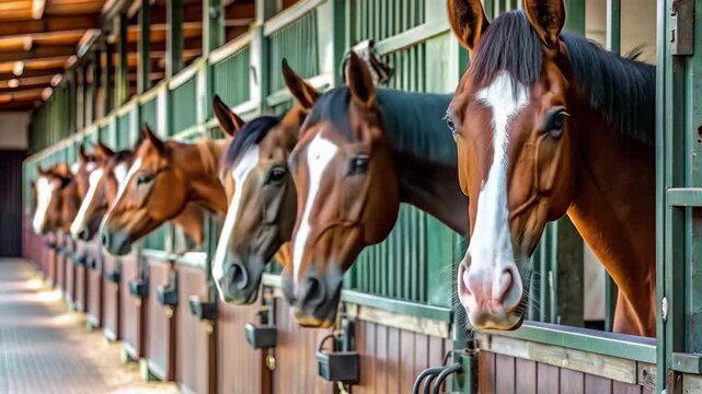 Several horses are curiously looking out from their stalls enjoying the warm sunlight in a peaceful stable atmosphere creating a serene moment