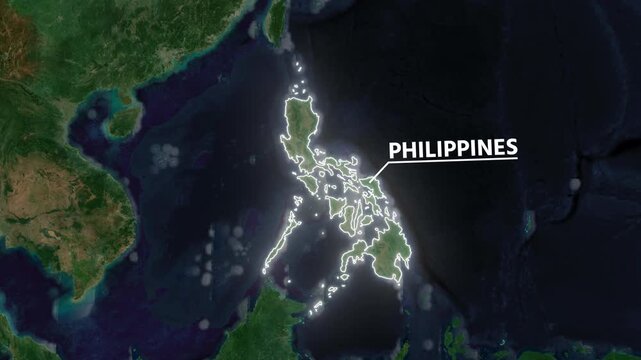 Zoom from Earth to the Philippines. Glow outline map animation satellite view with highlighted country borders. Cinematic documentary 3d world map animation highlights aerial views, and travel. 4k