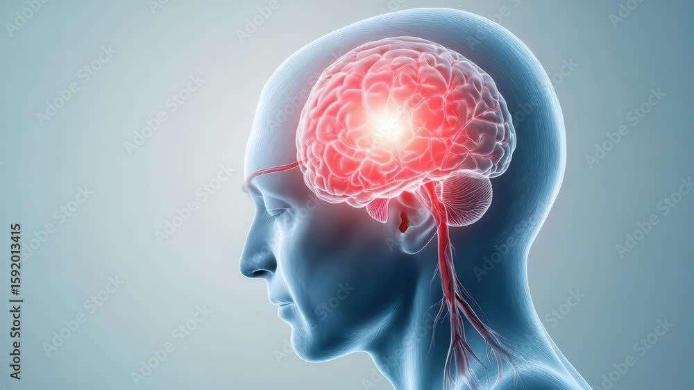 Poster a 3d render of a human head in profile, highlighting the brain with a glowing area, emphasizing neur