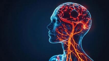 A glowing digital illustration of a human head and brain highlights neural and vascular networks in vivid colors on a dark background.
