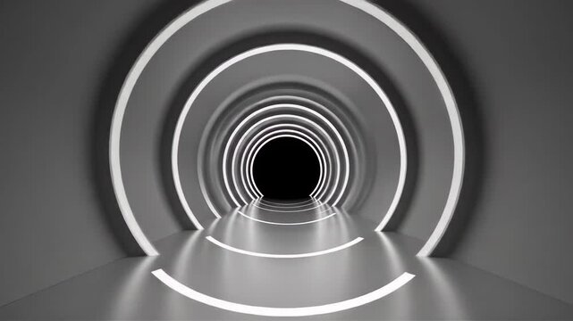 A captivating light tunnel featuring glowing circular patterns extends into a dark space evoking a sense of depth and modernity