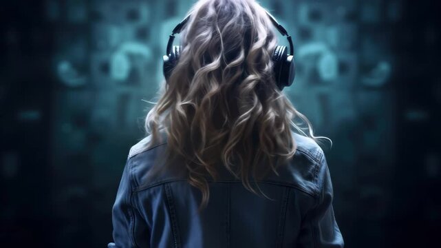 The girl sits quietly immersed in her favorite tunes with her headphones on completely absorbed in the atmospheric sounds around her