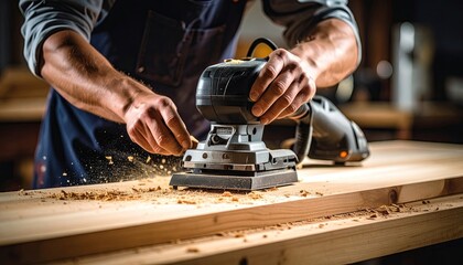Carpenter using electric sander on wood